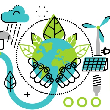 Graphic with energy related icons including lightbulb, solar panels, wind energy, EV, bike, etc.